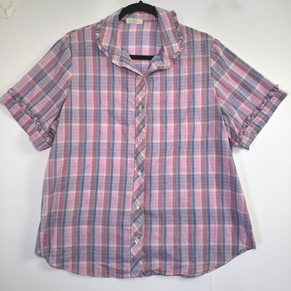 Vintage Shirt Accent Pink Purple Plaid Ruffle Collar Button Up Blouse Size 40